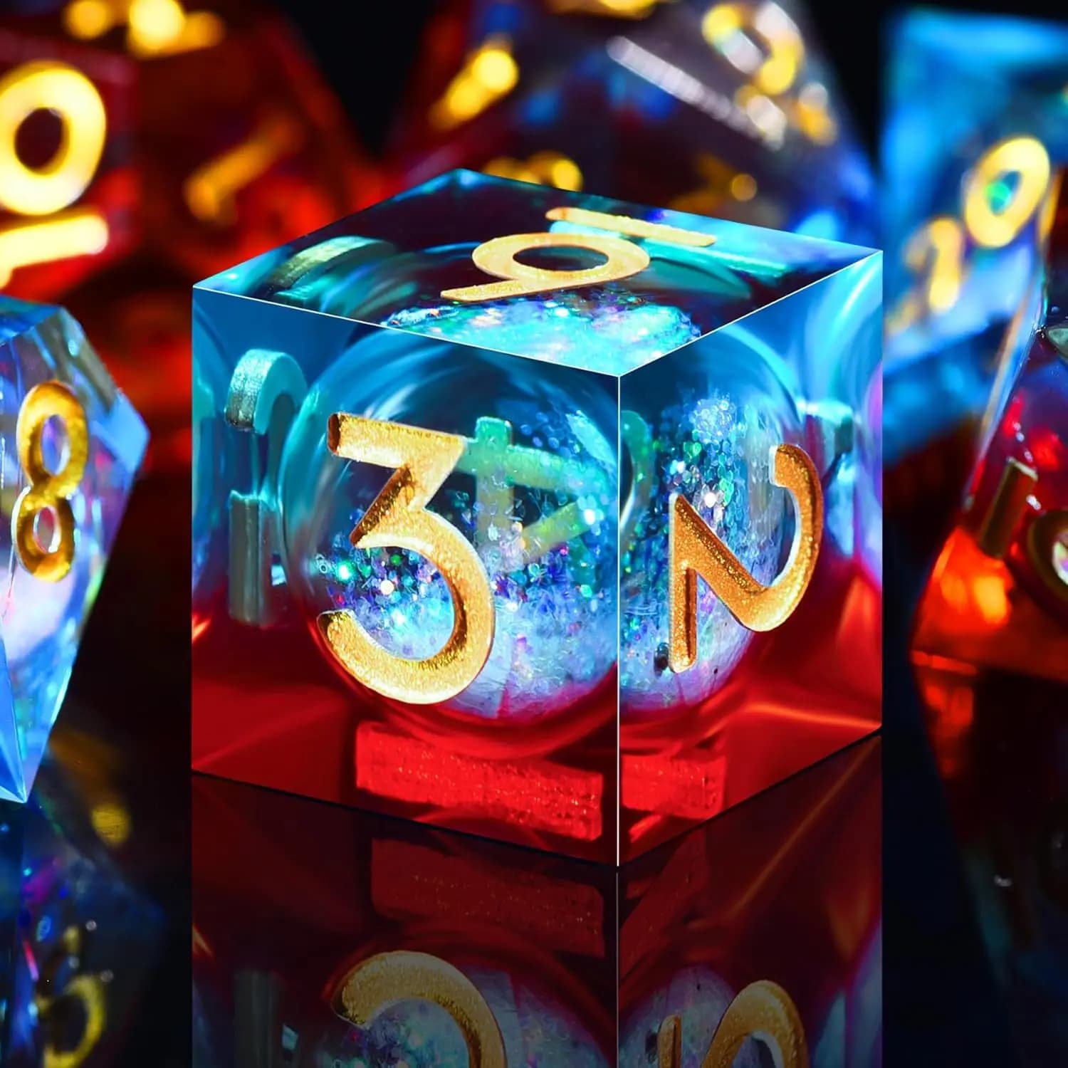 Set da 7 pezzi di dadi con nucleo in resina fatti a mano, dadi per l'insegnamento della matematica multisfaccettati, adatti per giochi di ruolo e giochi da tavolo.
