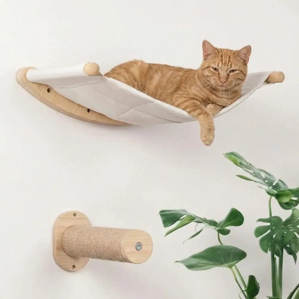 Scaffale per Gatti in Legno Salvaspazio Resistente all'Usura, Amaca da Parete per Gatti con Cuscino, Scalini da Parete per Addestramento Animali Domestici