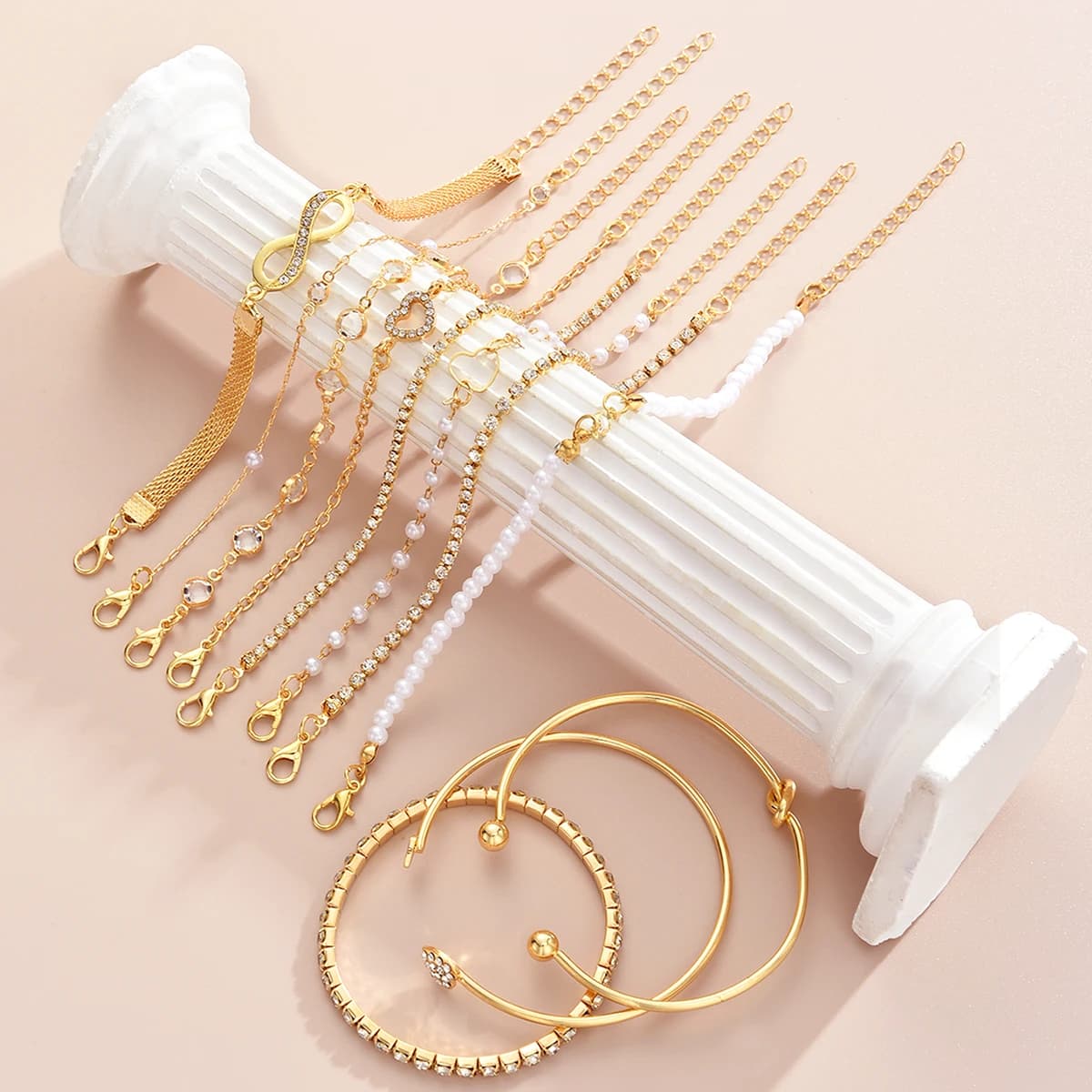 11Pcs Boho Gold Tone Stackable Bracelets Set For Women Vintage Elegant Pearl Crystal Heart Infinity Charm Stretch Wrist Jewelry Dainty Multi-Layer Bracelets Daily Beach Vacation Wedding Party Birthday Gift Wholesale Dropshipping
