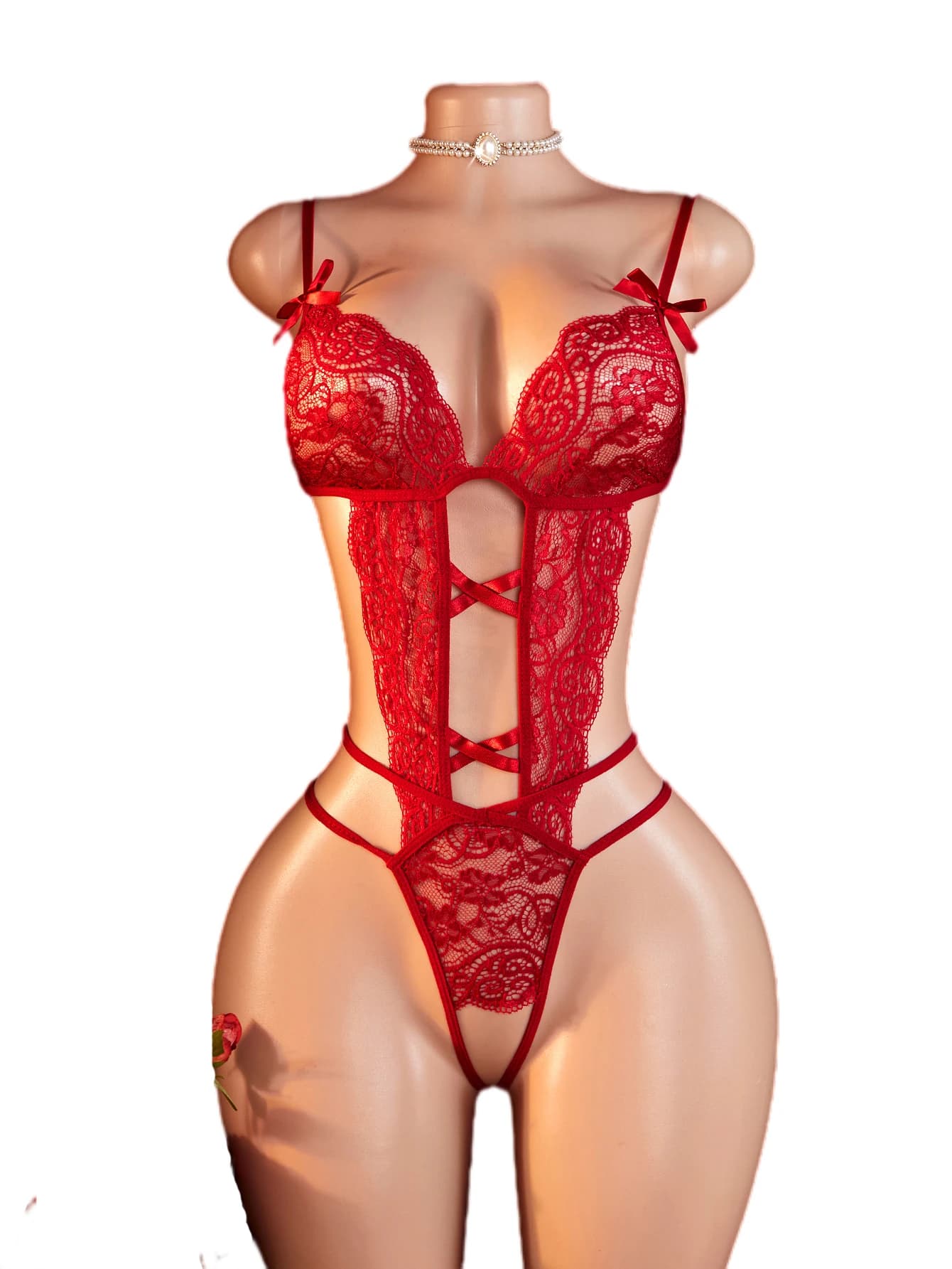 Hot Sexy Crotchless Lingerie Set combinazione donne pizzo Hollow body Teddy Babydoll Dress Deep V reggiseno aperto biancheria intima erotica