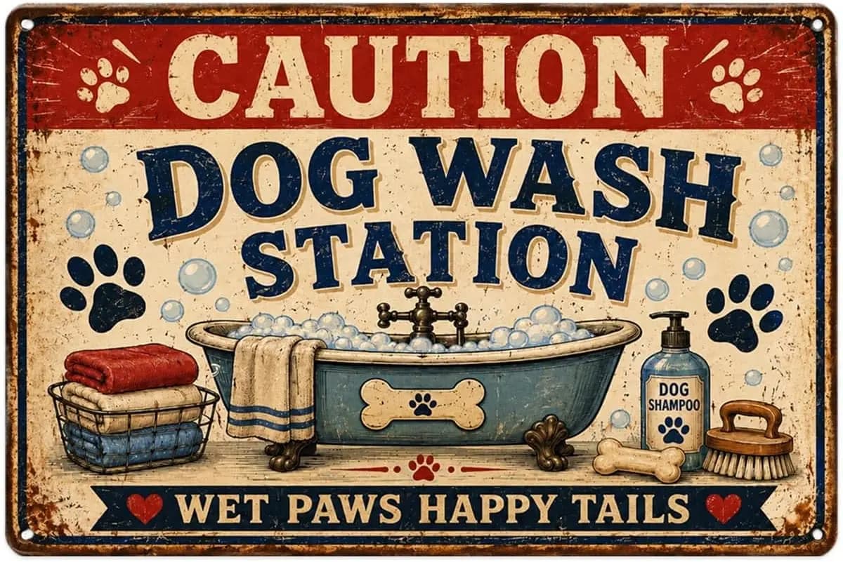Caution Dog Wash Station tin Sign, Vintage Pet Grooming Bath Metal Signs Aesthetic for Home Bedroom Kitchen Bar Garden & Out