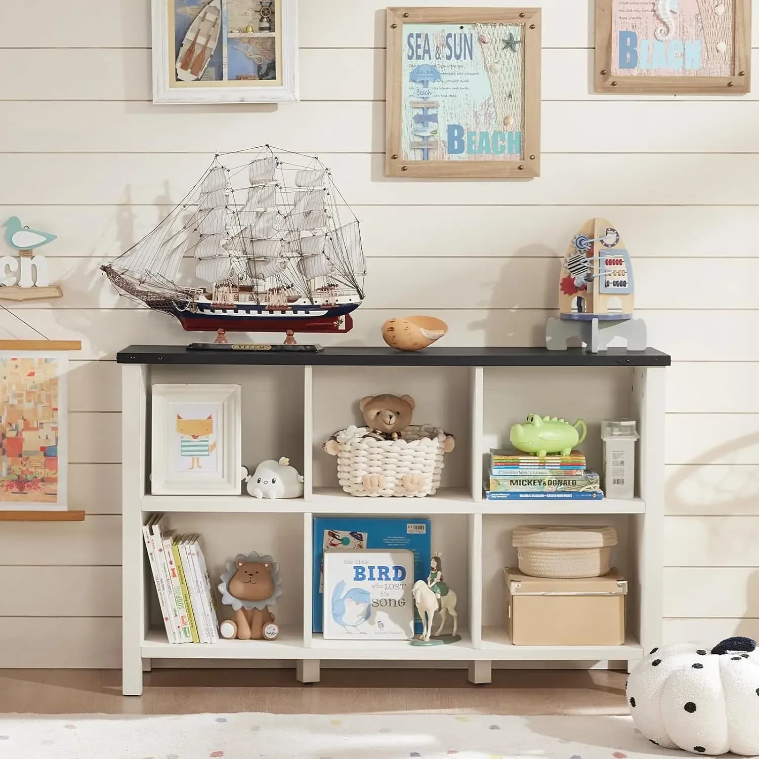 Joaxswe Farmhouse 6 Cube Bookshelf, Antique White & Black Wooden Storage Organizer Book Shelf, 47" Cubby Hallway Bookcase, Kids