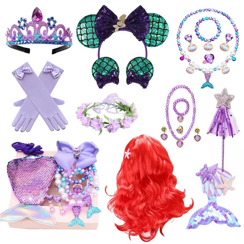Ariel Princess Accessories Gloves Wand Crown Jewelry Set Mermaid Wig Necklace Braid for Princess Dress Clothing Cosplay Dress UP