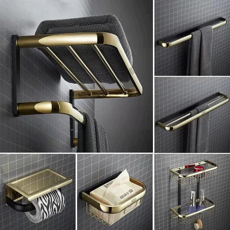 Accessori per il bagno Tuqiu, mensola da bagno oro e nera, portasciugamani, portarotolo, porta scopino WC, accessori per il bagno