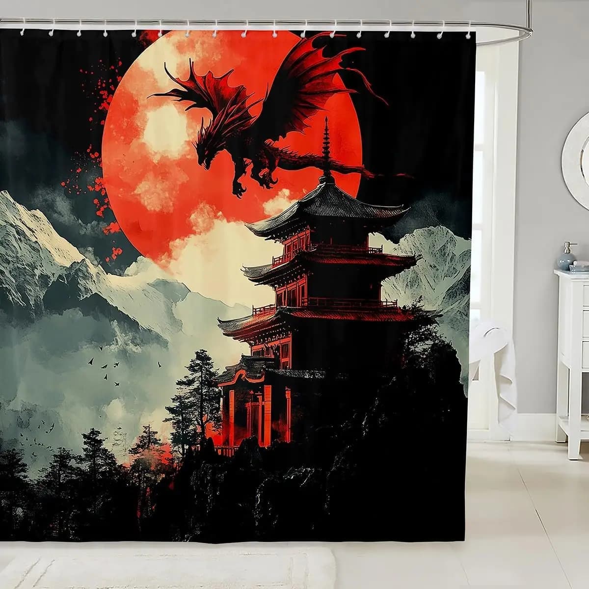 Dramatic Chinese Dragon Pagoda Art Shower Curtain Waterproof Fantasy Bathroom Decor Asian Style 180x180cm