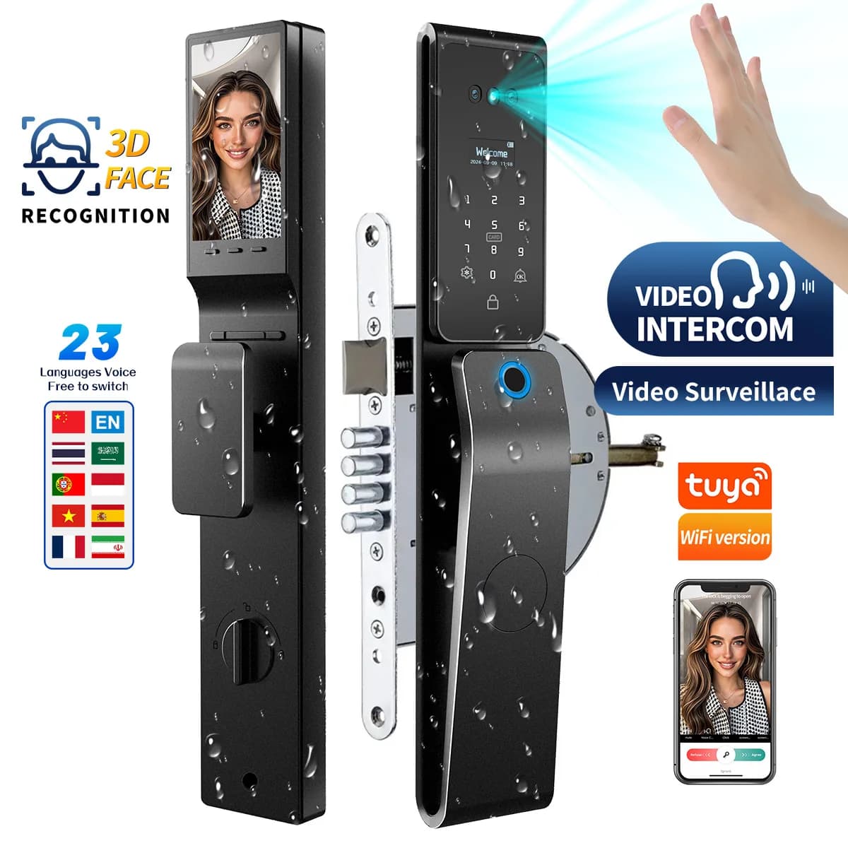 Waterproof Tuya App Smart Lock Real Time Video Call Digital Lock 3D Face Recognition Smart Biometric Fingerprint Digital Lock