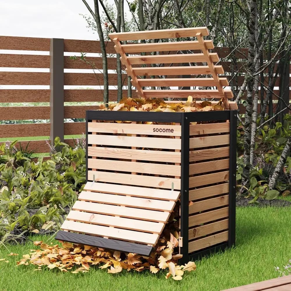 Compostiere in legno massello da 95 galloni, contenitore per compost da esterno con porta estraibile, grande contenitore per compost per cortile, giardino, patio, Natura