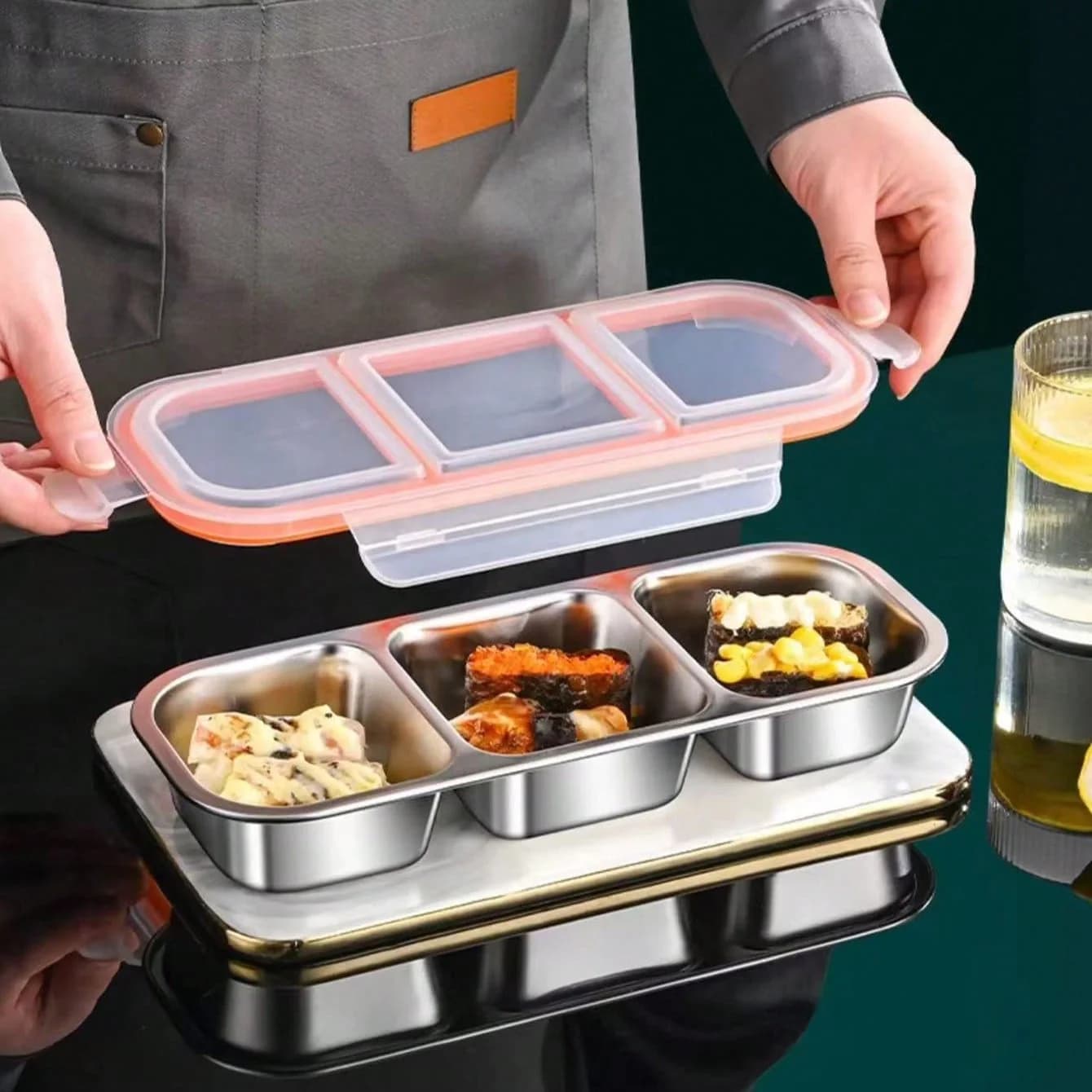 Mini stainless steel light food container for slimming meals, small Bento special container for controlled diet, microwave, three compartments, 600 ml