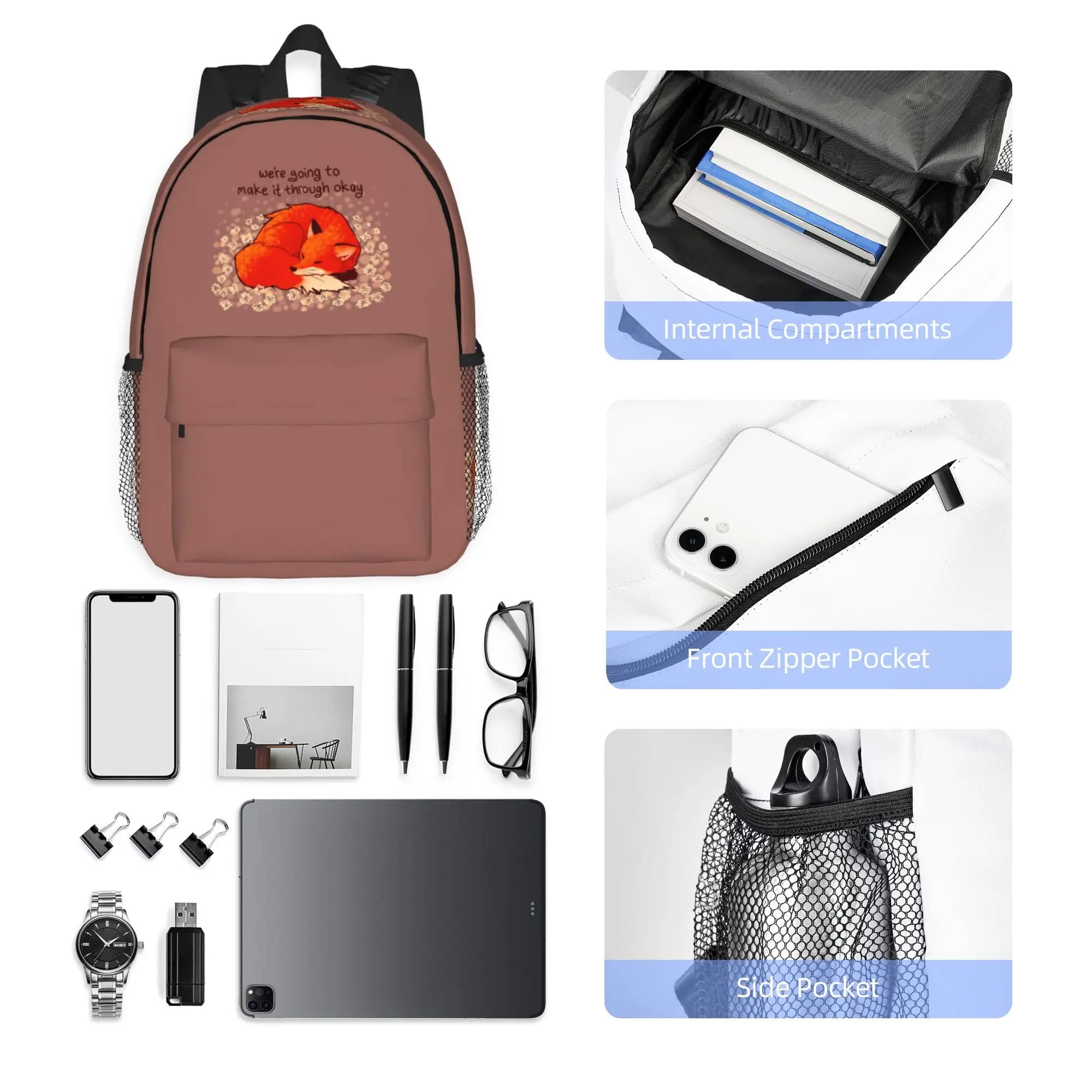 We're Going to Make it Through Okay Sleeping Flower Fox Backpack Hot Sale Daypack Boys Girls BookBag Shoulder Bags School Bag