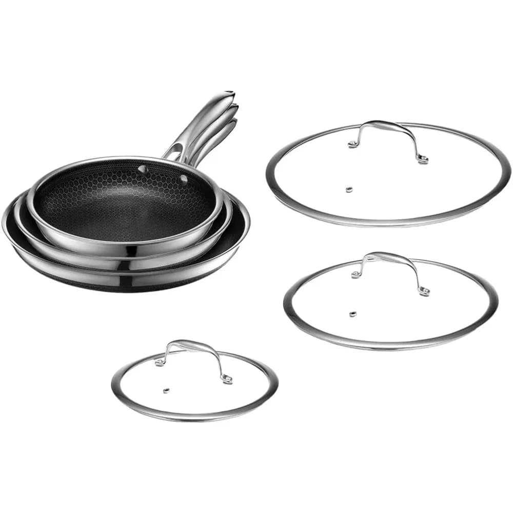 Set padelle ibridas antiaderenti da 6 pezzi, padelle da 8, 10 e 12 pollici con coperchi in vetro temperato, manici stagni freddi, lavastoviglie-fri