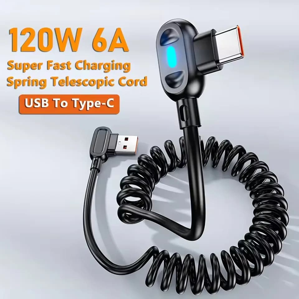 6A Dual Elbow USB A to Type C Short Spring Data Cable Fast Charging for iPhone Samsung Xiaomi Phone Charger Wire Car USB Cable
