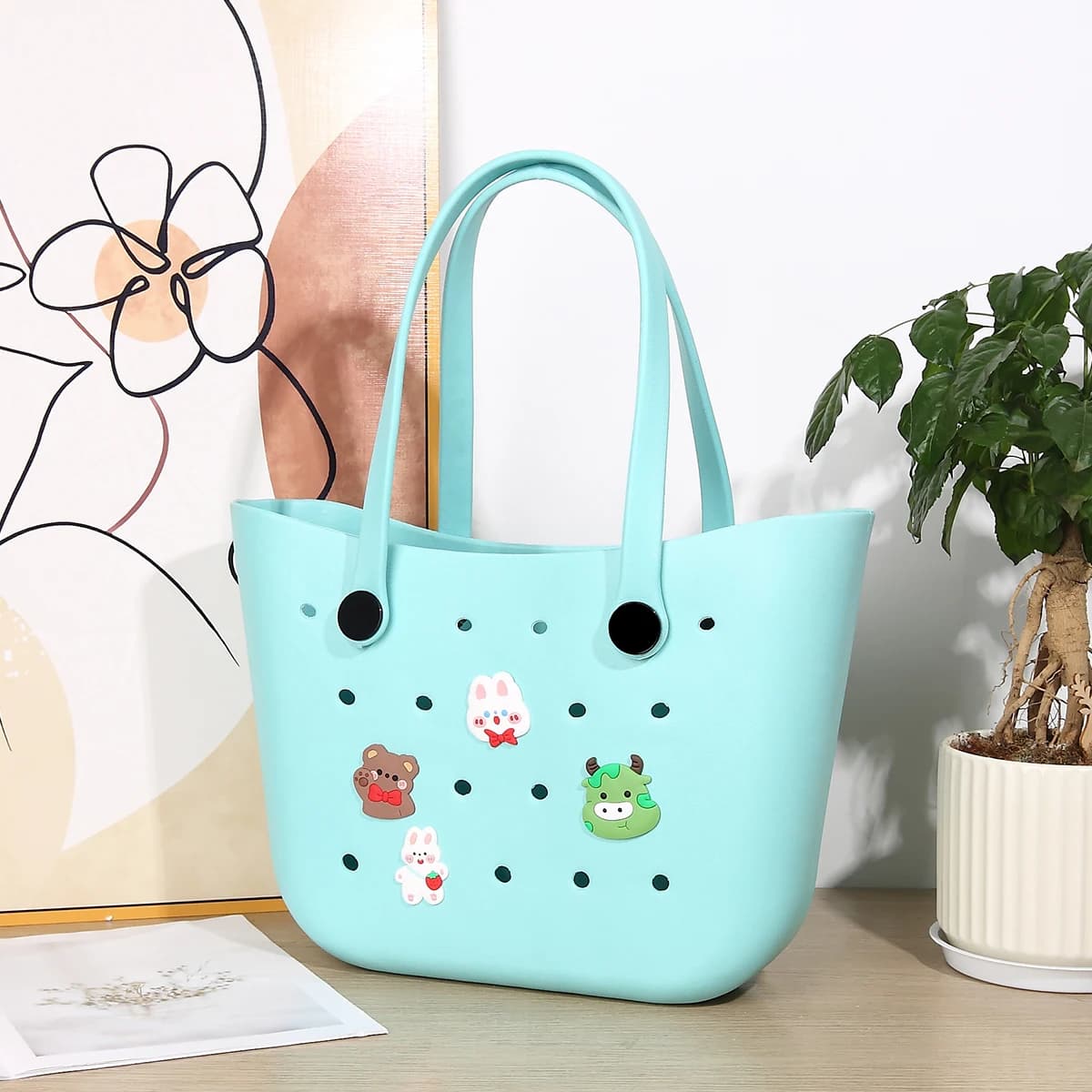 1 rubber Eva beach bag soft, breathable, light and waterproof, DIY with accessories shaped like cute cartoons, portable tote bag for outdoor sports, fashionable tote bag for travel and swimming, removable handle, wear-resistant, large capacity hand bag, removable handle