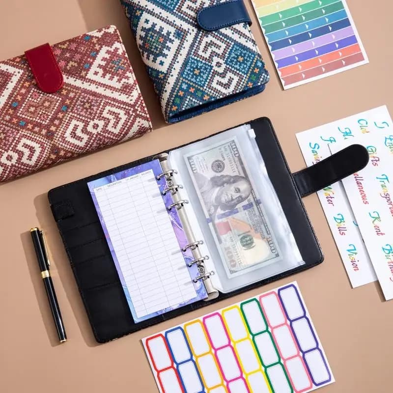 Agenda per Risparmio con Texture in Tessuto, Libro delle Sfide con Buste Portacontanti, Raccoglitore A6 in Pelle PU a Fogli Mobili, Planner per il Budget