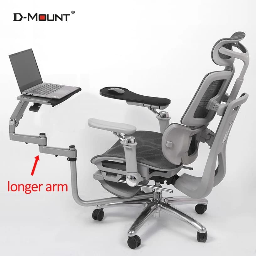 Supporto multifunzionale per laptop D-MOUNT OK5010-L con braccio a molla a gas da agganciare alle gambe della sedia, supporto da ufficio per tastiera e mouse.