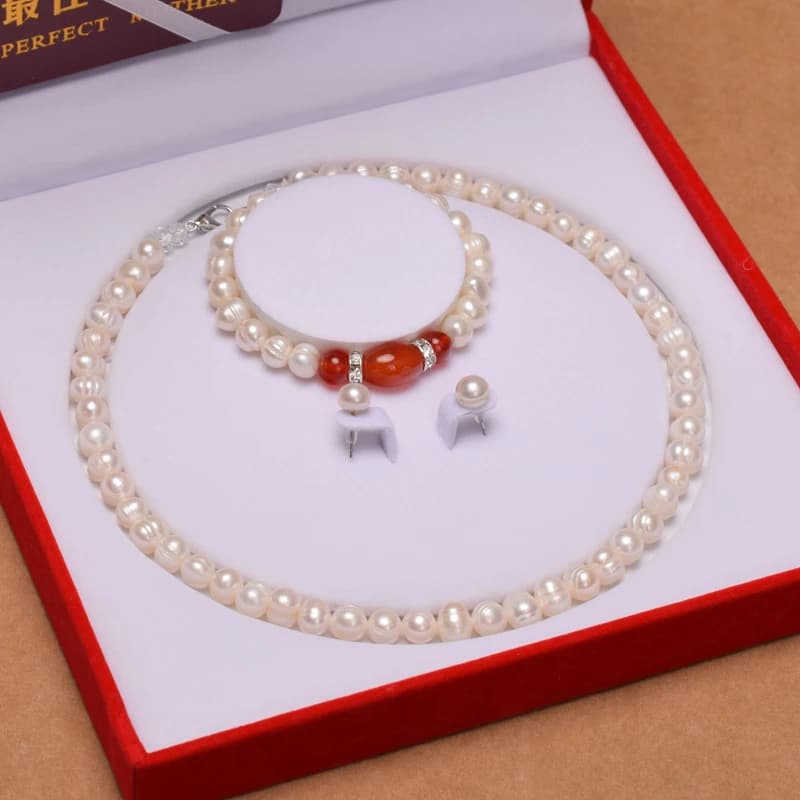 Set di Perle d'Acqua Dolce Coltivate e Agata Rossa - Regalo per la Festa della Mamma