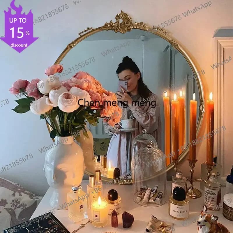 B178 French carved retro bathroom mirror round wall hanging wall vanity mirror round bathroom mirror