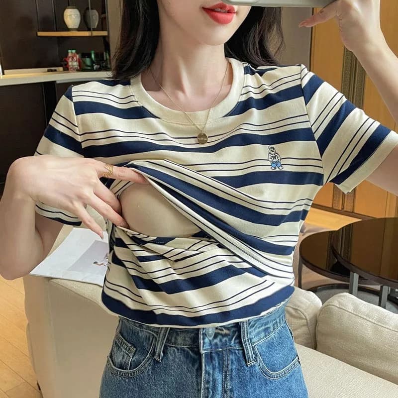 Summer Spicy Mom Breastfeeding Top Short Sleeved Round Neck Nursing Shirts Postpartum Woman Lactation Tees Cotton T-Shirt