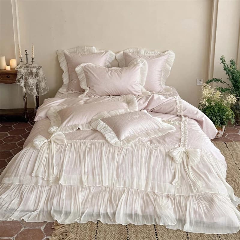 4Pcs Pink Ruffle Bow Lace Princess Wedding Bedding Set Lyocell Cotton Jacquard Duvet Cover Silky Soft Bed Linens Queen King Size
