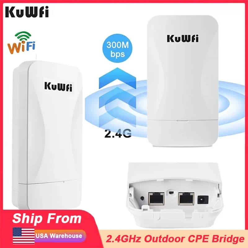 KuWFi 2.4G Wireless Bridge 300Mbps Outdoor CPE Wi Fi Signal PTP a lungo raggio con 24V PoE Power IP65 Waterproof AP Repeater Mode