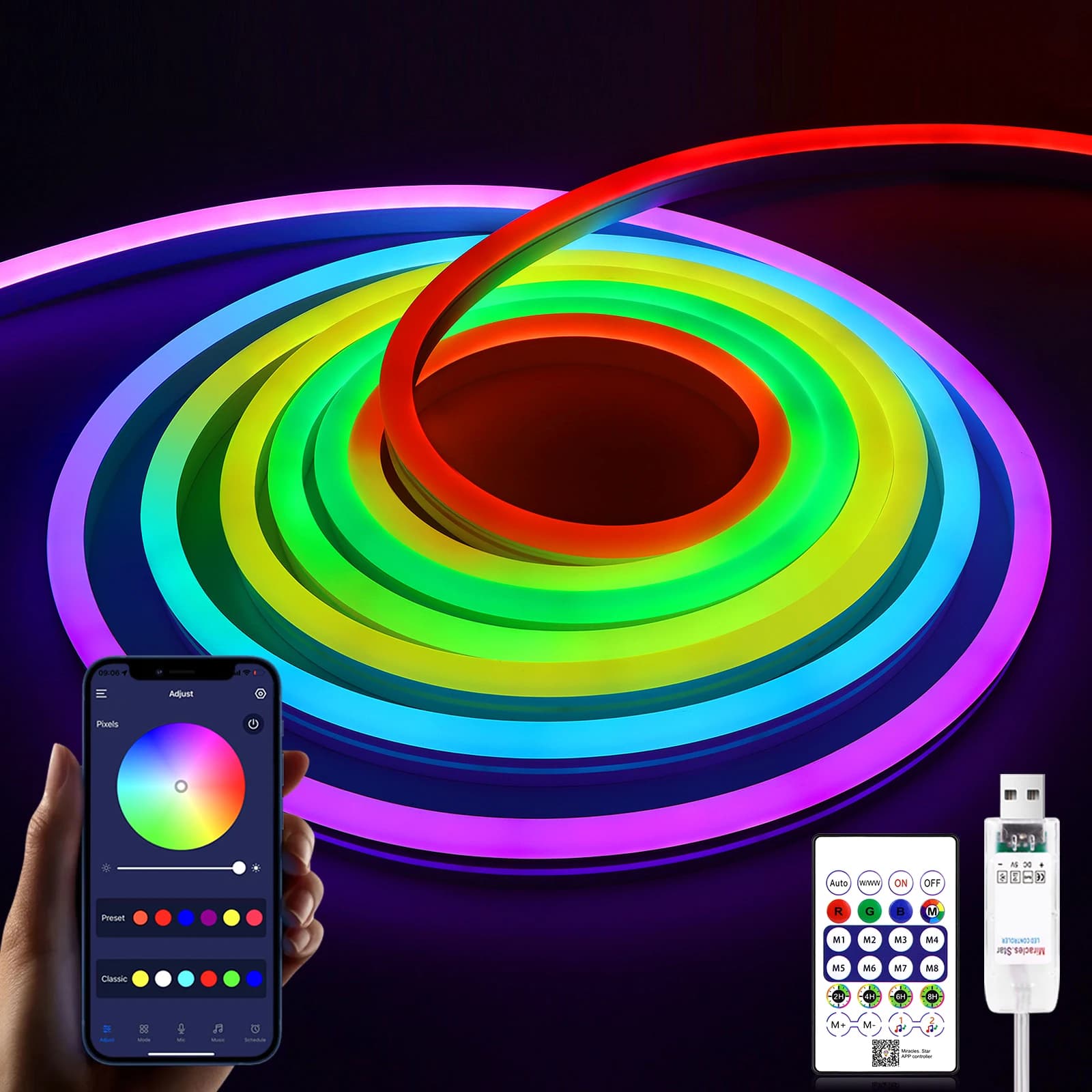Striscia LED al neon RGBIC USB 5V 1M 2M 3M 5M Nastro al neon RGBIC con app Bluetooth e telecomando per illuminazione decorativa al neon