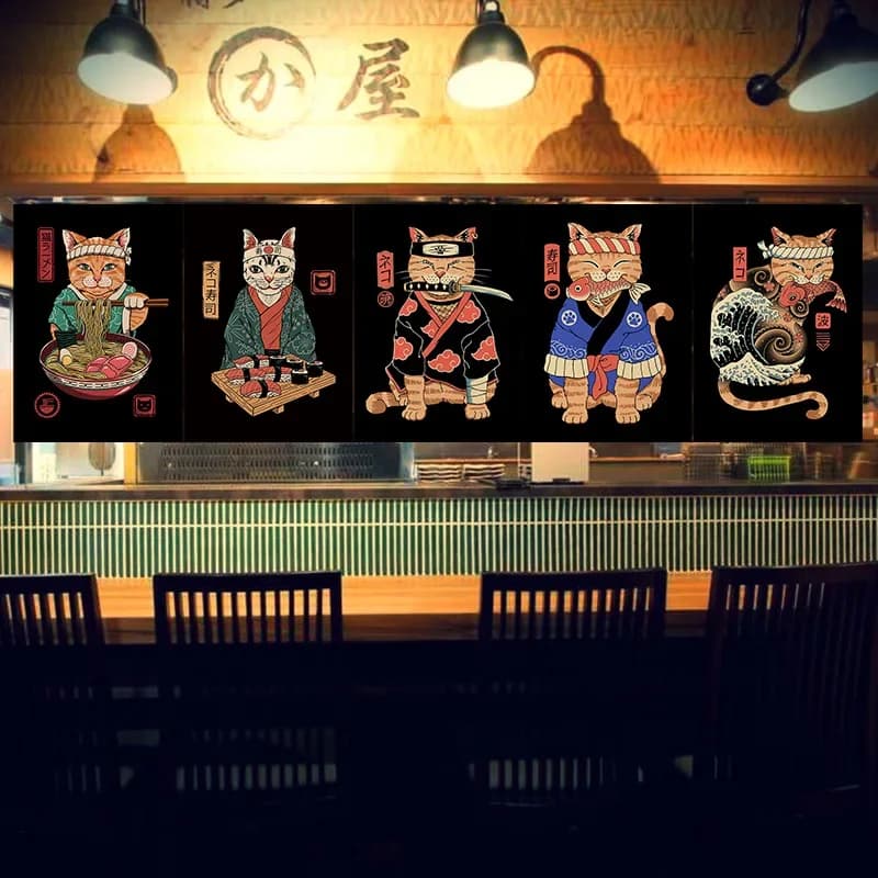 Japanese Samurai Cat Short Door Noren Curtain Sushi Pennant Kitchen Door Partition Half Curtain Resturant Hanging Flag Custom