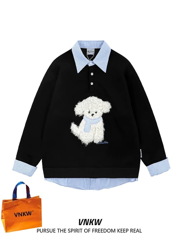 American Style Fleece Lined Collar Sweatshirt Loose Long Sleeve T-Shirt for Men Spring Autumn Casual Couple Wear