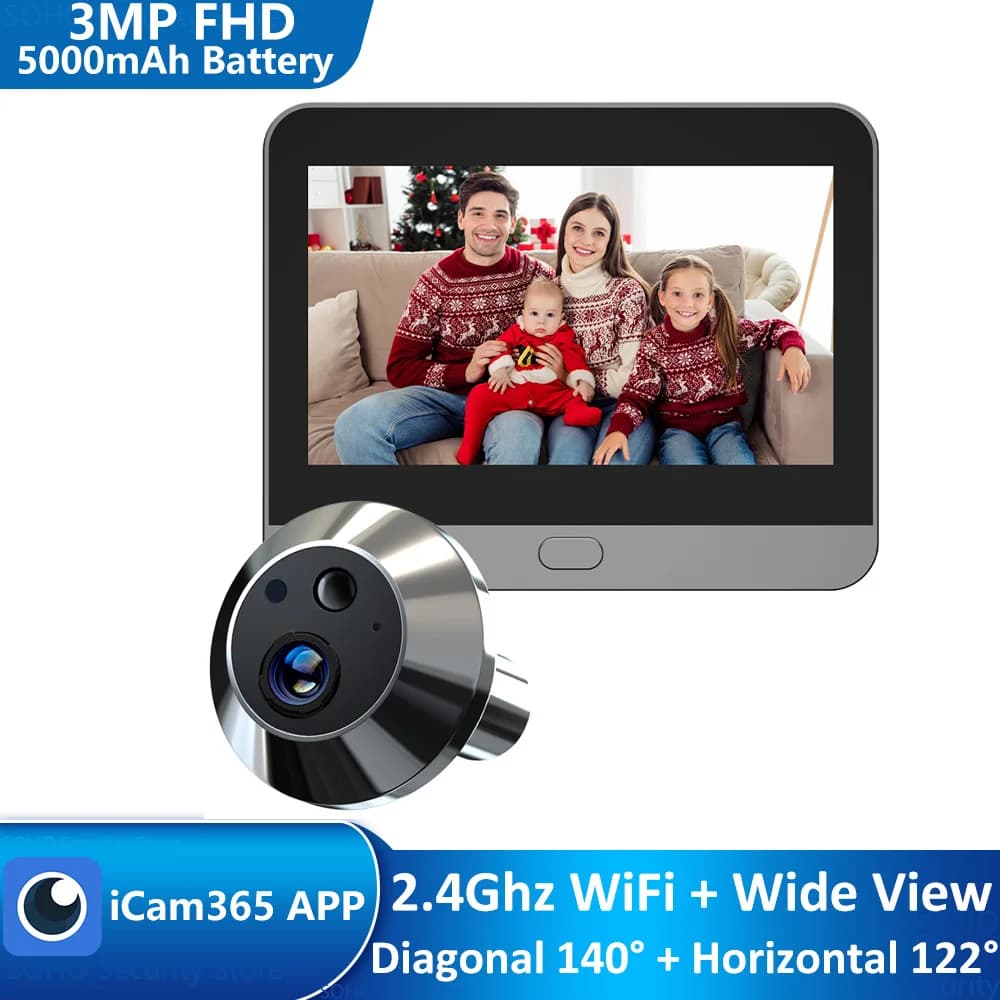 Smart 3MP Mini Spioncino Digitale Macchina Fotografica Della Porta 2.4Ghz WiFi A Infrarossi IR Visione Notturna PIR Rilevazione di Movimento Visualizzatore Digitale iCam365 APP