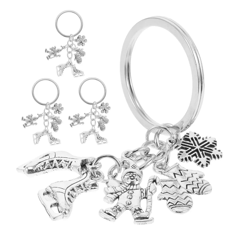 Set di 4 Portachiavi a Tema Invernale: Sci, Pattini, Fiocco di Neve, Guanto - in Lega di Zinco per Donna, Chiavi Auto, Decorazione Borsa
