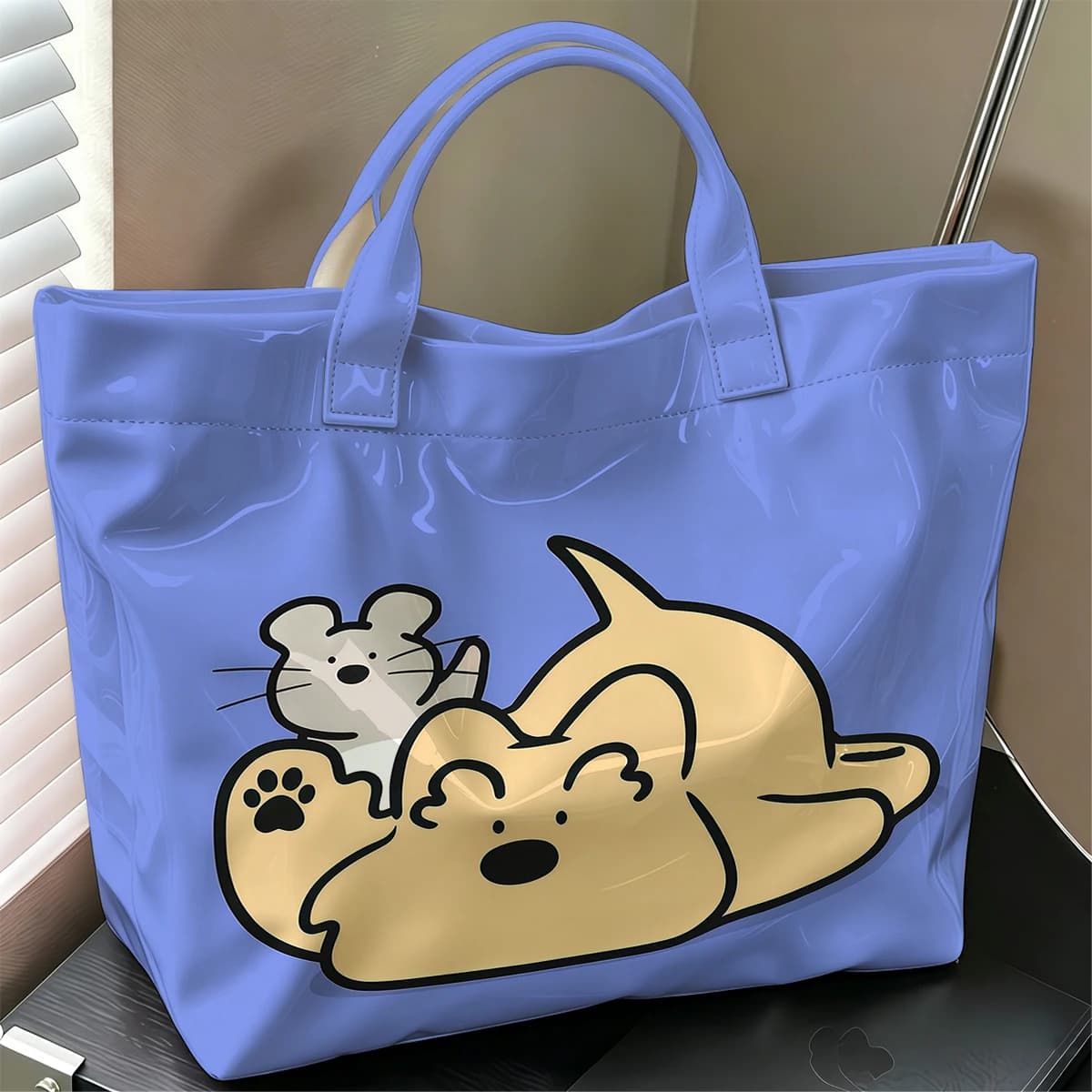 Dog & Mouse Buddy Cute Large Glossy PVC Tote Bag Hand Washable Lightweight Soft Great for Travel Commute Makeup Storage Handbags