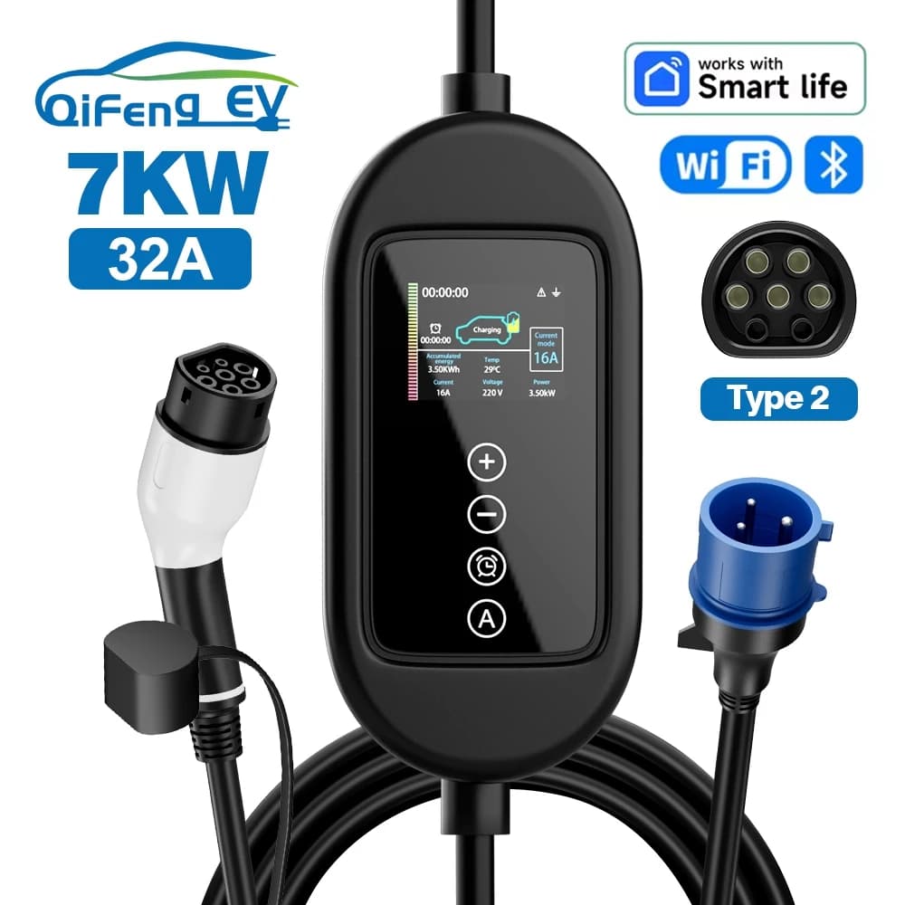 QiFeng 32A 7KW Caricatore portatile EV Type2 Caricatore per veicoli elettrici da 2,4 pollici 5M/10M Cavo di ricarica EVSE Wi-Fi Bluetooth APP Contro