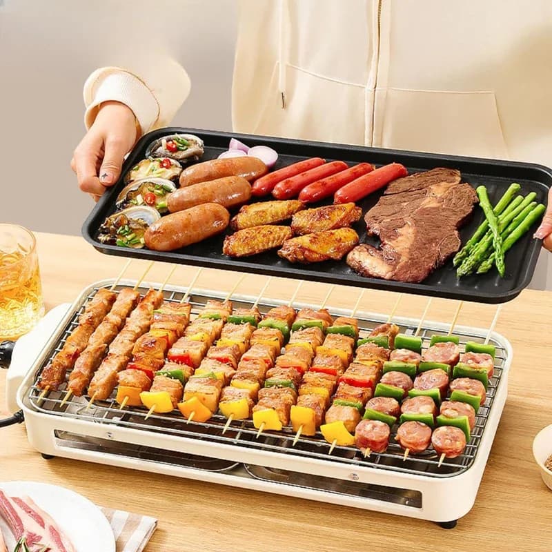 L # 220V Smokeless BBQ Electric Kebab Rotary Grill Stove Rotisserie Teppanyaki Barbecue Non-stick Frying Pan Skewer Griddle