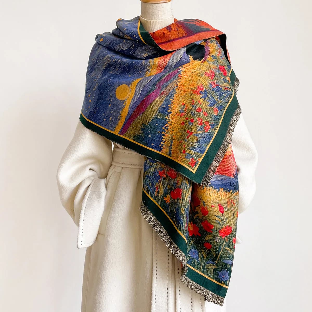 Autumn Winter Women Imitation Cashmere Reversible Scarf Van Gogh Starry Night Double Cat Oil Painting Print Tassel Shawl Wrap