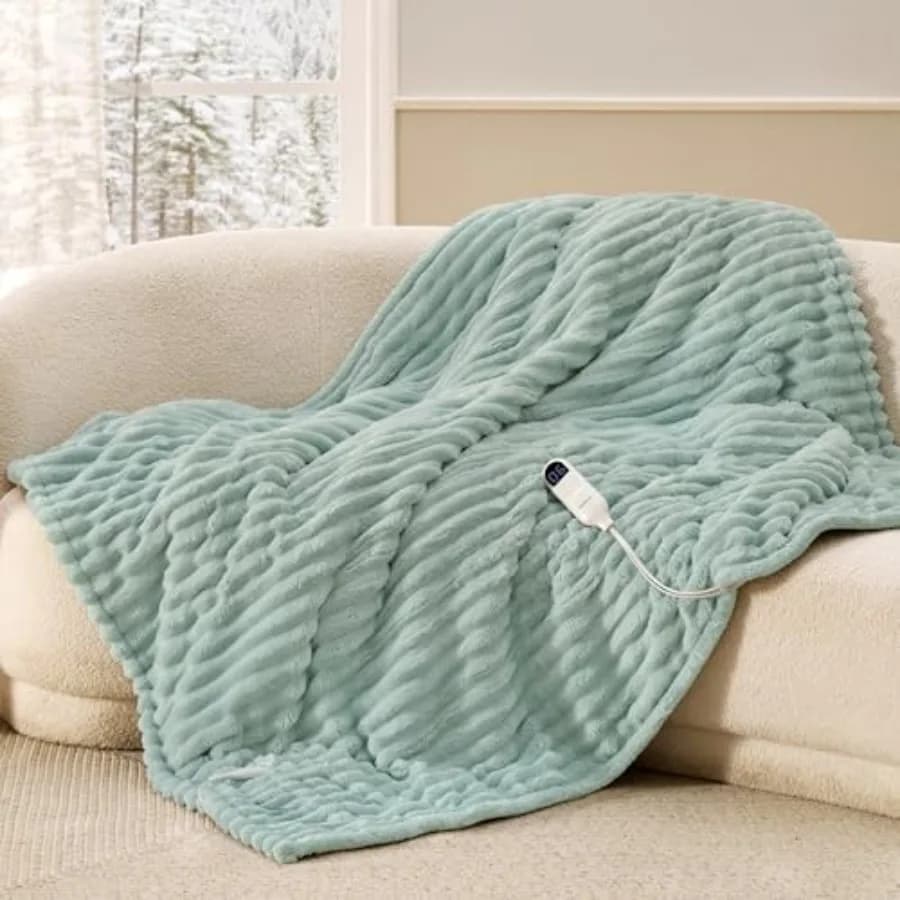 Coperta Elettrica Riscaldante - Coperta Elettrica in Flanella Spessa a Righe con 6 Impostazioni di Tempo fino a 10 Ore, 6 Livelli di Calore e 8 Ore di Autonomia
