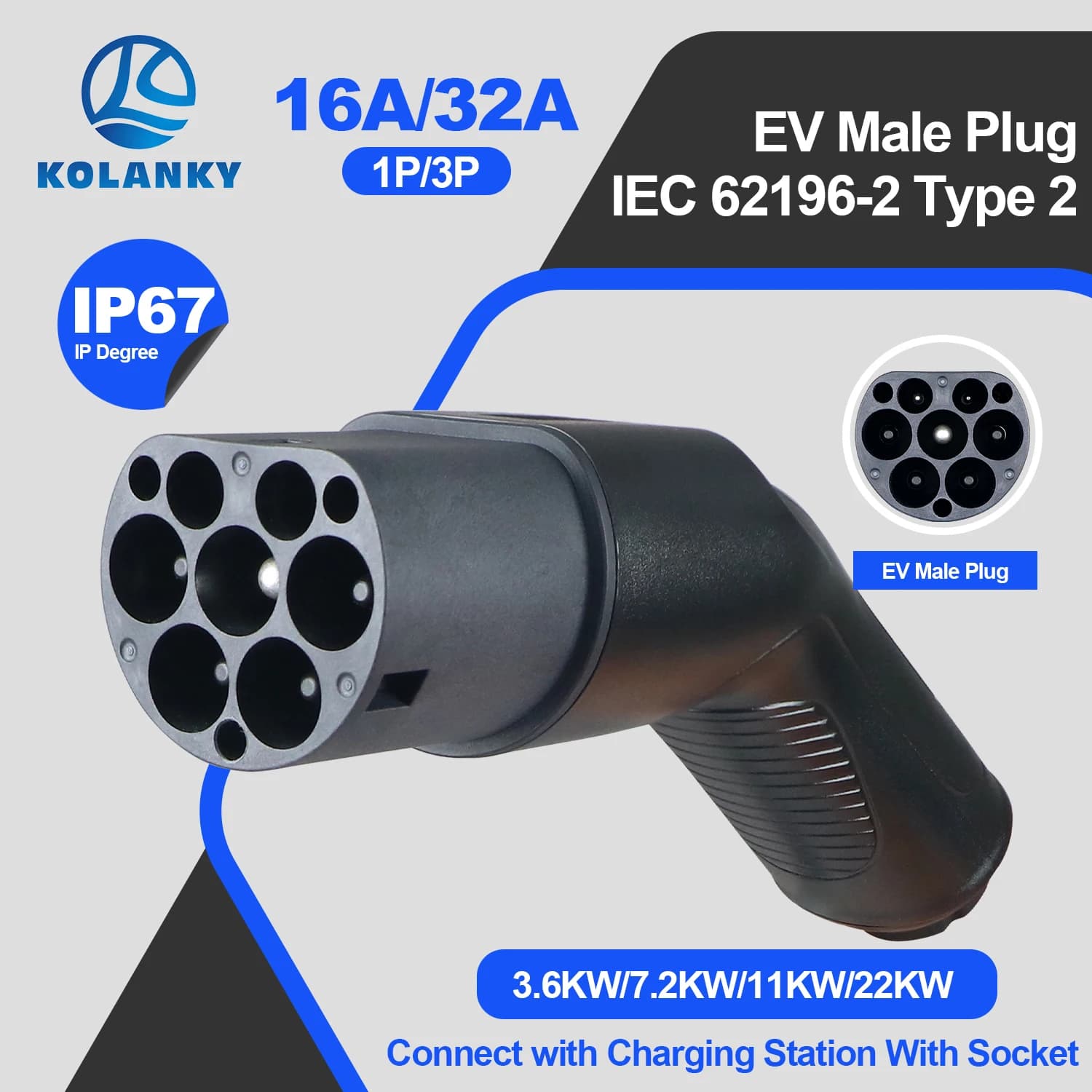 Kolanky Type2 EVS Spina caricabatterie EV maschio Collega alla stazione di ricarica EV 1/3 fasi 16/32A IEC 62196-2 Connettore caricabatterie EV 22KW Max