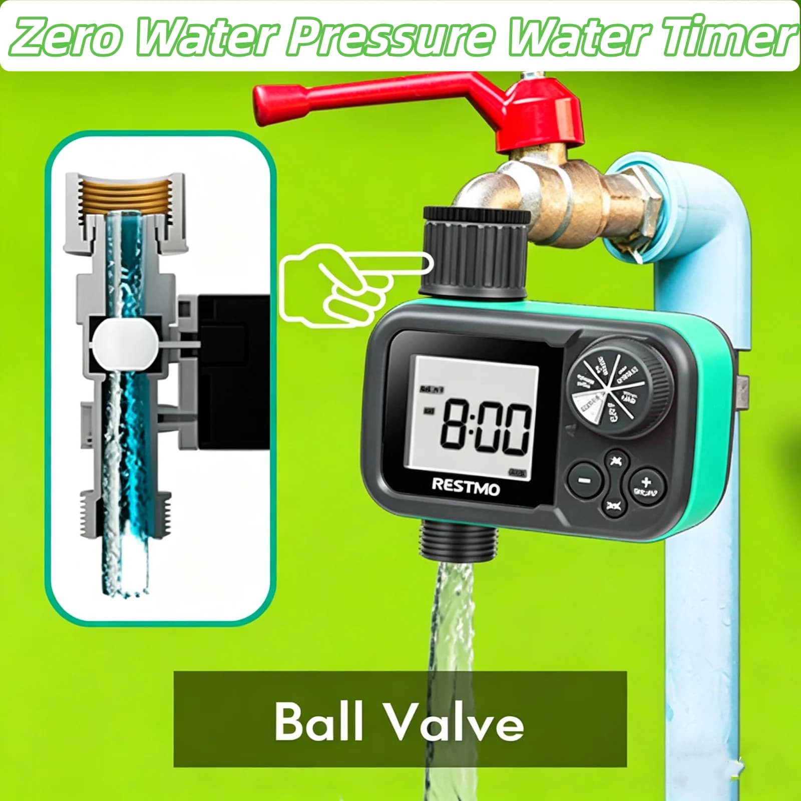 2 Pezzi Timer per Irrigazione a Pressione Zero con Valvola a Sfera, Timer per Irrigazione da Giardino per Tubo e Rubinetto Esterno, Impermeabile IP54