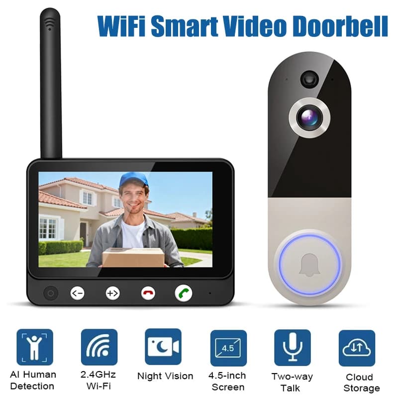 Campanello Video WIFI 1080P, Campanello Intelligente per Casa, Telecamera di Sicurezza Wireless, Citofono Bidirezionale, Visione Notturna, Rilevamento Intelligente di Persone