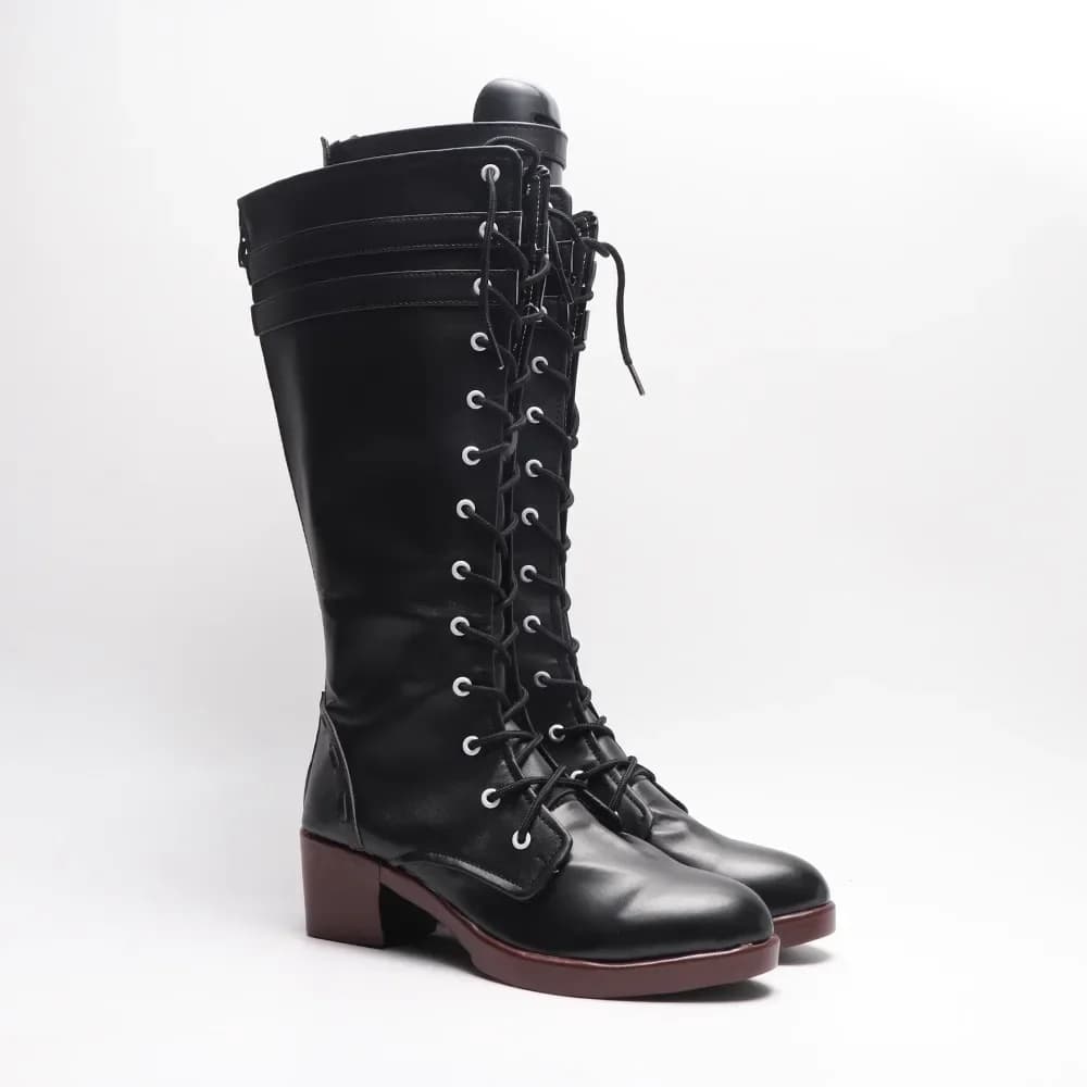 Fashion Game Impact Lyney stivali centrali PU Leather Metal Buckle Laces tacchi stivali scarpe Cosplay per donna uomo taglia 225-275