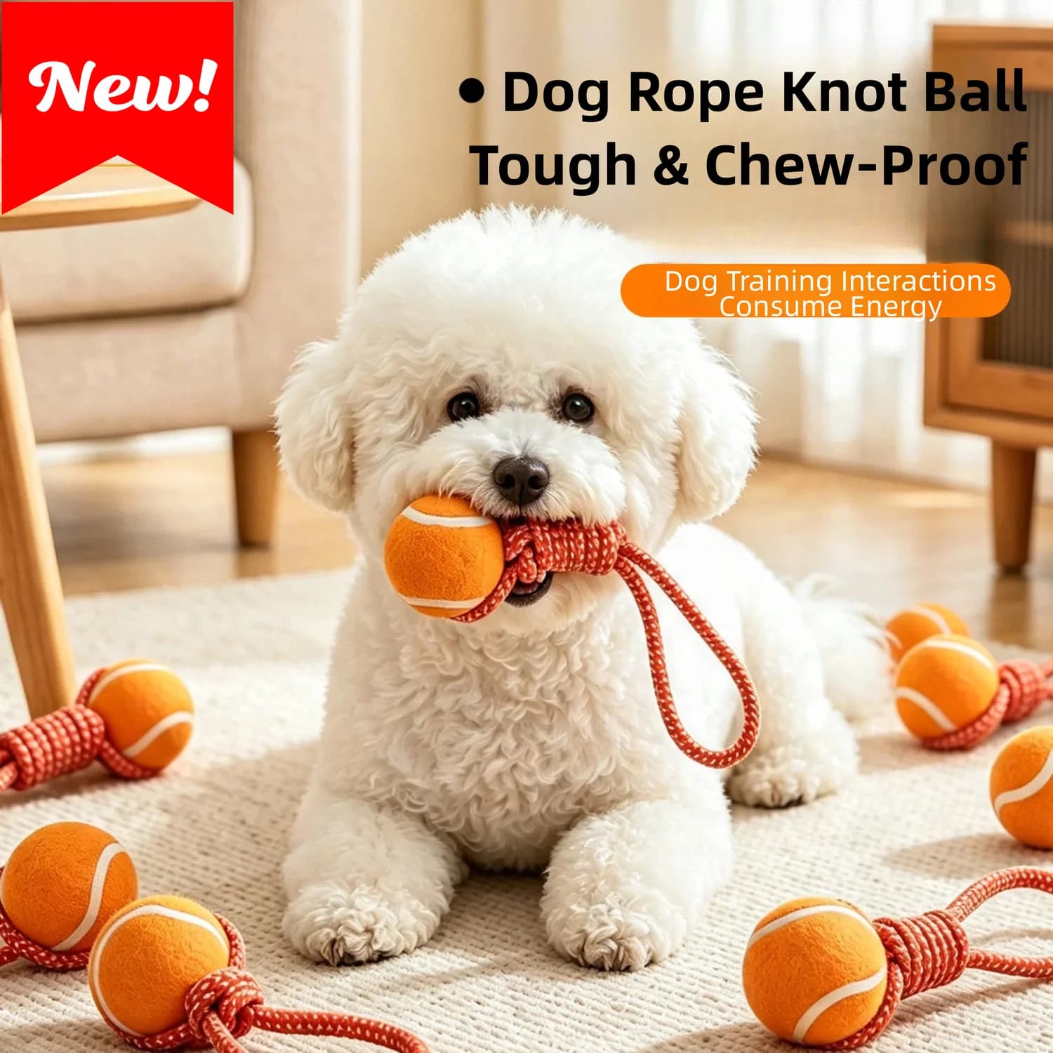 Dog Rope Ball Toy, Durable Tennis Ball Chew Toy for Small Medium Dogs, Interactive Teeth Cleaning Tug of War with Handle