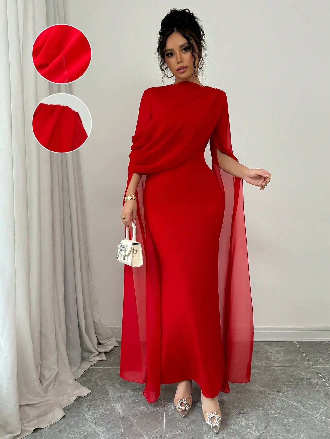 Red Asymmetrical Shoulder Maxi Dress with Sheer Cape Sleeve and Pleated Detail