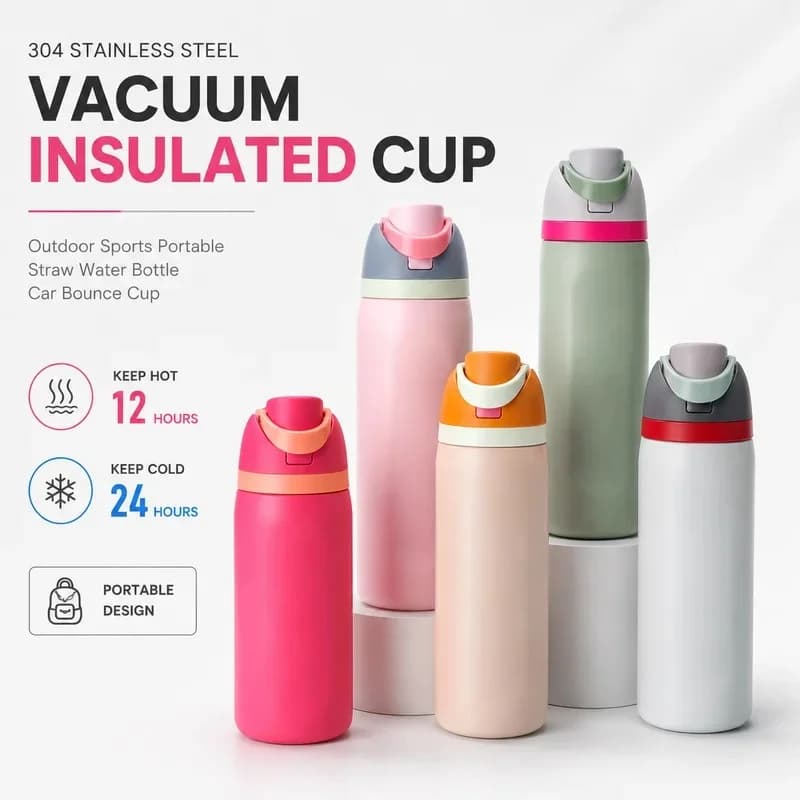 480/710ML 304 Stainless Steel Thermos Cup with Straw One Touch Open Vacuum Insulated Water Bottle for Outdoor Car Sports