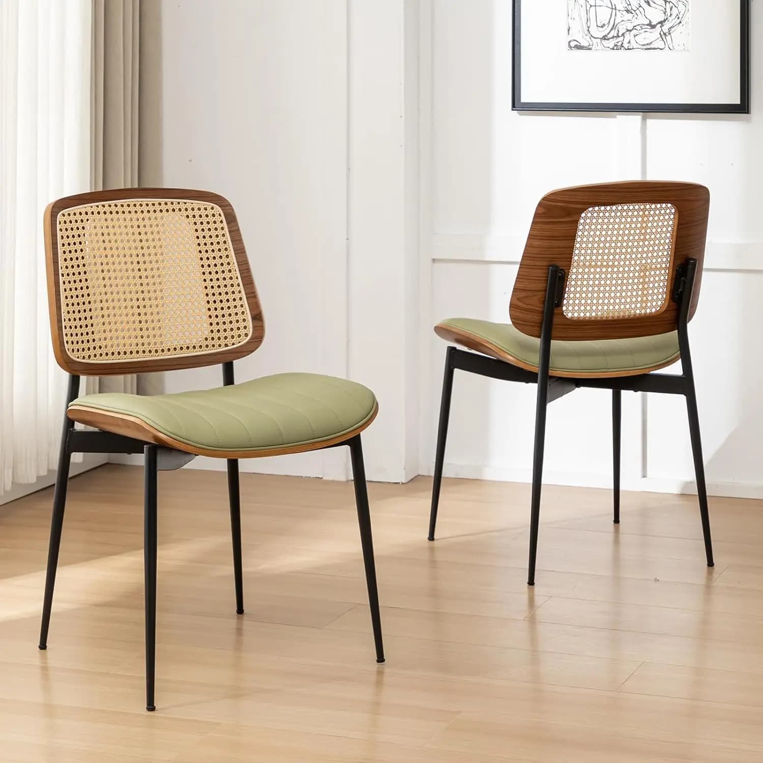 Set di 2 Sedie da Pranzo in Rattan, Stile Moderno Mid-Century, Sedia da Cucina in Pelle PU Verde, Seduta Imbottita con Gambe in Metallo, Personalizzabile