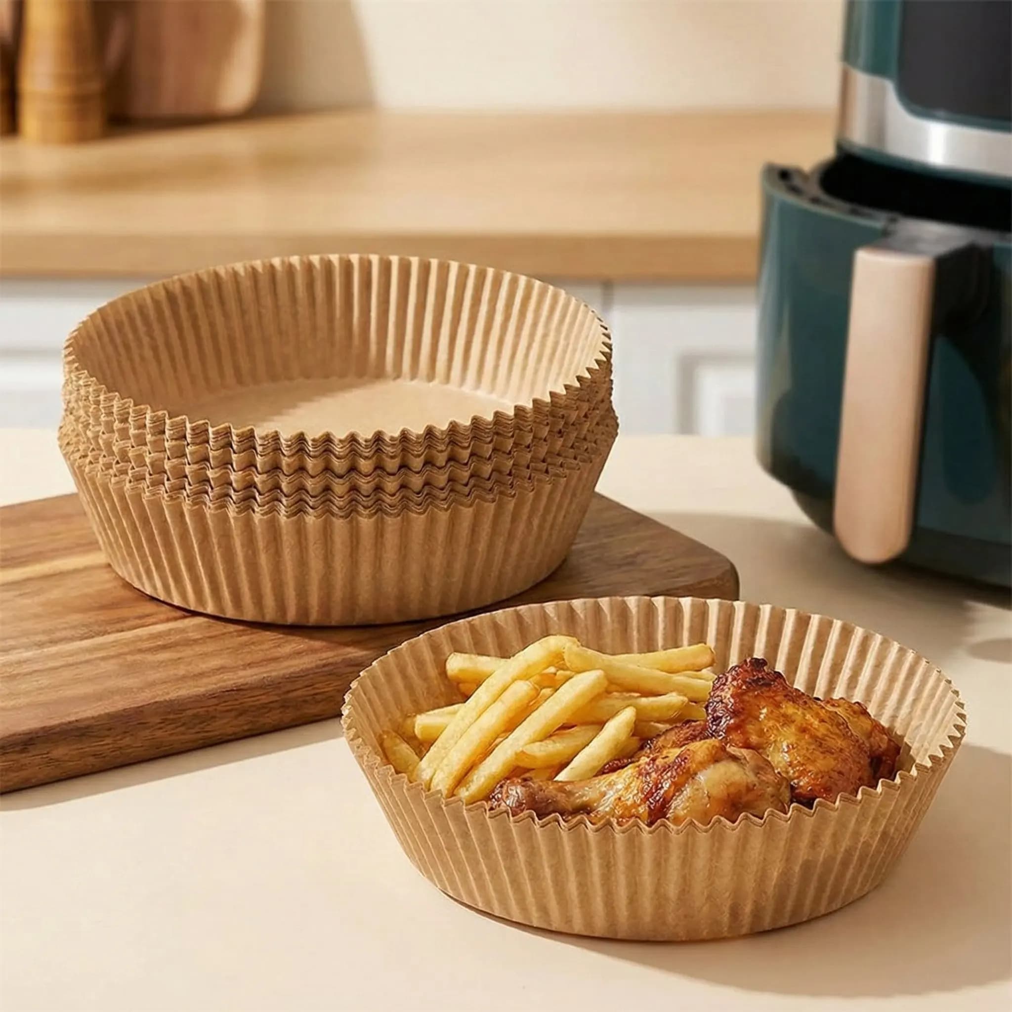 50 Pezzi di Rivestimenti Rotondi Pretagliati per Friggitrice ad Aria da 9×8×1.8 Pollici - Carta Oleata in Silicone per Alimenti in Polpa di Legno Naturale Non Sbiancata