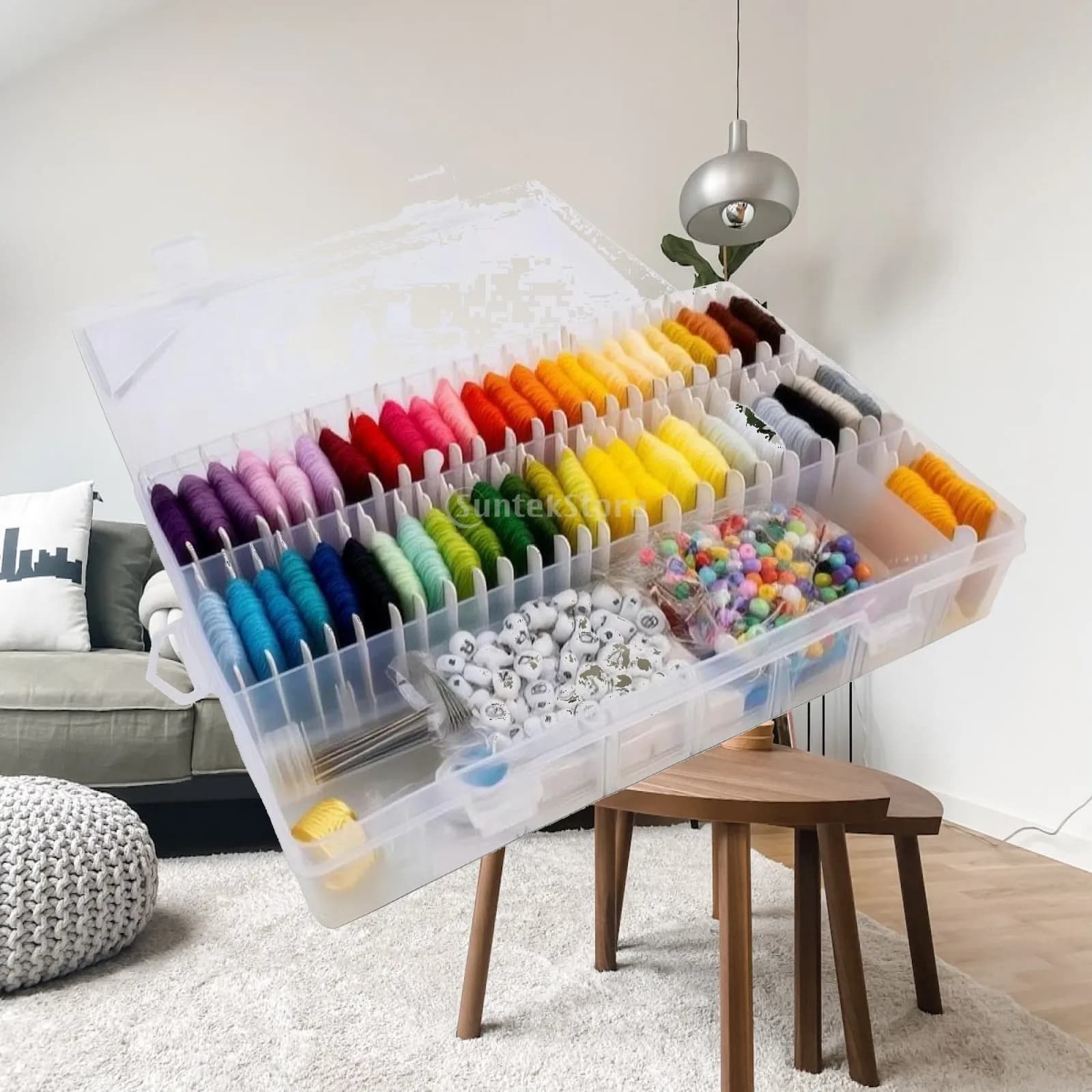 Embroidery Floss Kit with Organizer Clear Floss Organizer Craft Storage Box with Compartments Tangle-Tangle-Free for Crafters