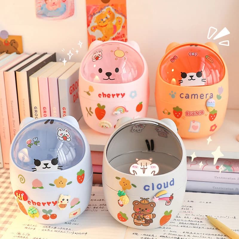 Mini organizer per pattumiera da tavolo, simpatico orso, secchiello cosmetico creativo multifunzione con coperchio, portapenne, adesivi Kawaii