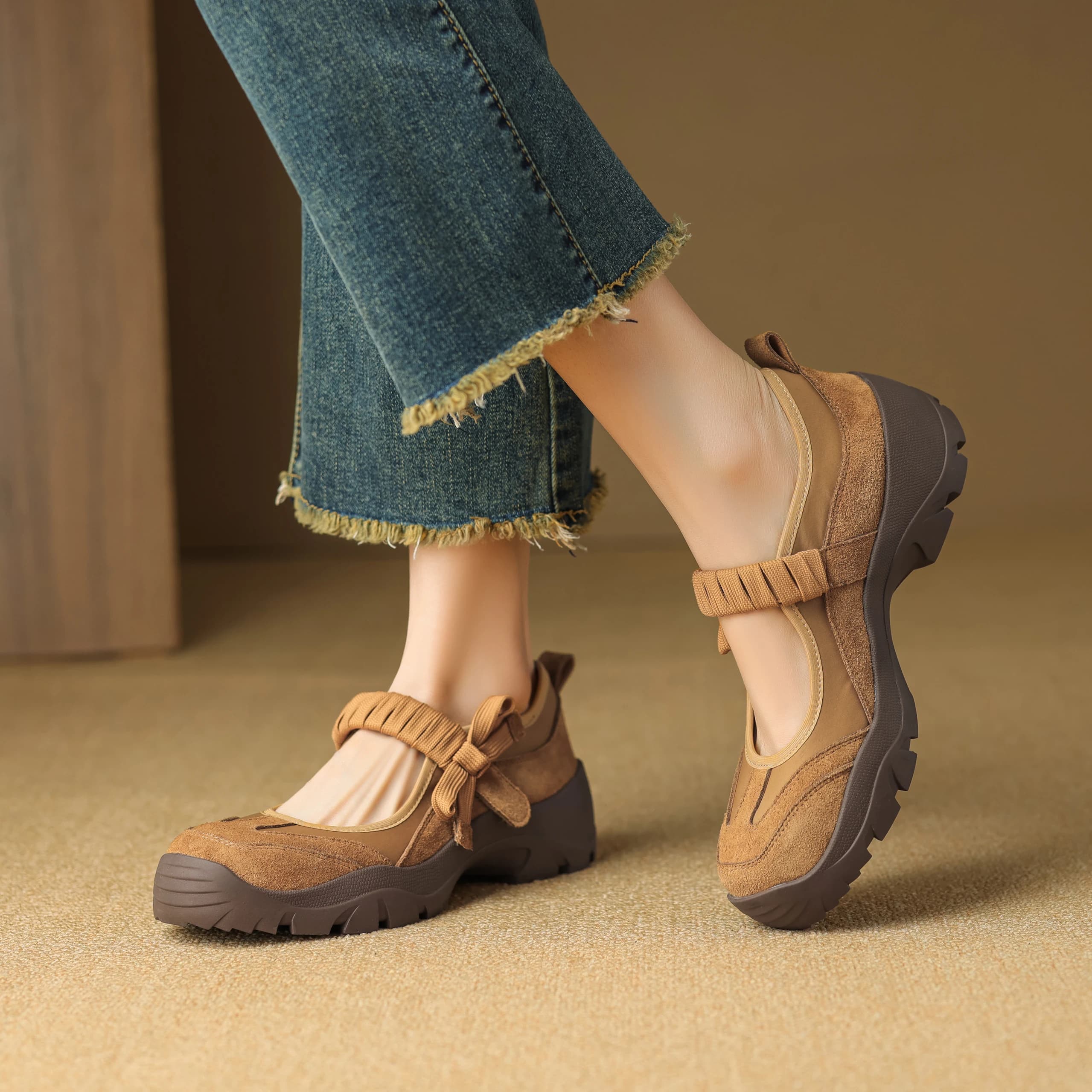 Scarpe Mary Jane con plateau in vera pelle Scarpe da donna con cinturino in velcro Casual Scarpe basse con rialzo di altezza