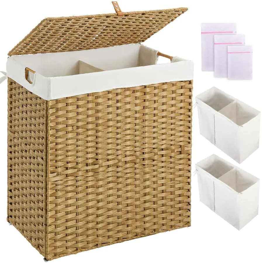 Laundry Hamper with lid, No Install Needed, 110L Wicker Laundry Baskets Foldable 2 Removable Liner Bags, 2 Section Clothes Hampe