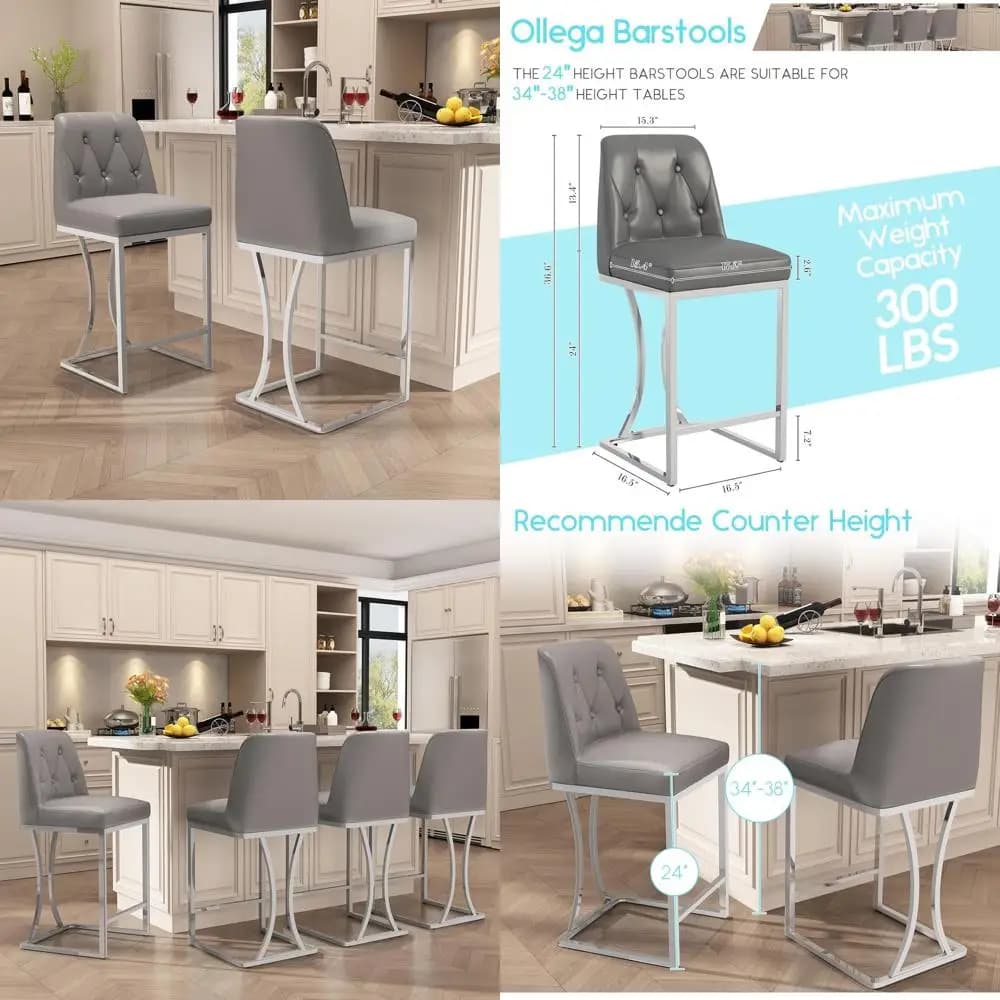 Set di 4 Sgabelli da Bar Grigi Imbottiti con Base in Metallo Argento e Poggiapiedi per Isola Cucina o Tavolo Alto