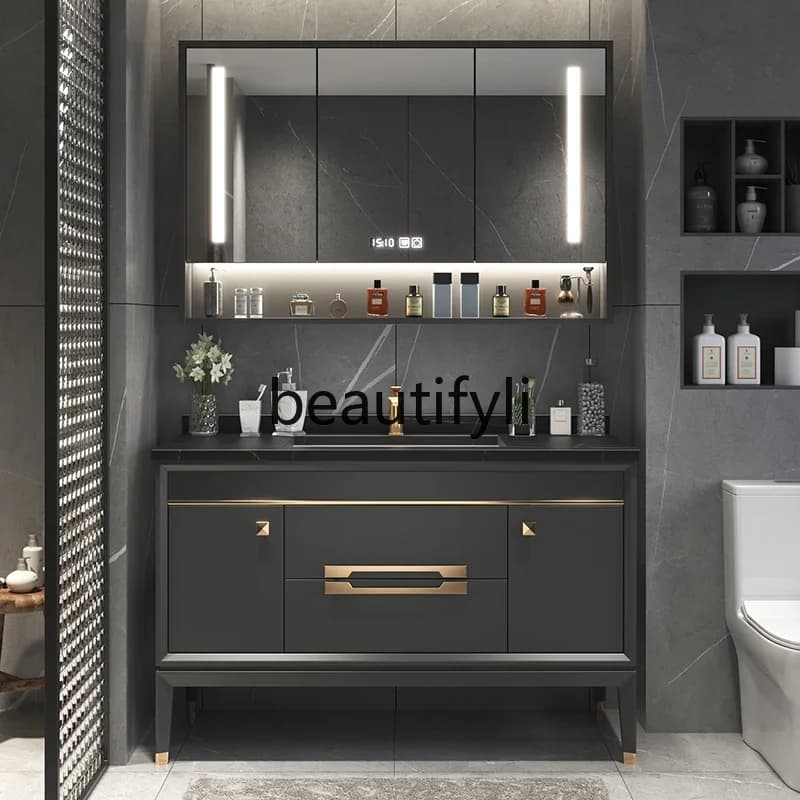 Combinazione di mobili da bagno con lavabo integrato in lastra di roccia di lusso leggera, lavabo in legno massello, WC, lavabo a mano, armadietto a specchio