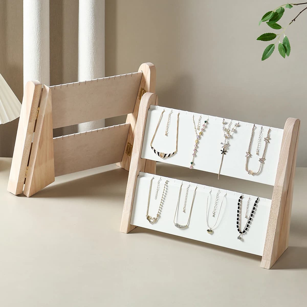Foldable 2-Tier Sloped Wood Jewelry Display Stand – Necklace/Pendant/Bracelet Organizer with Rack & Tray (Easy Storage)