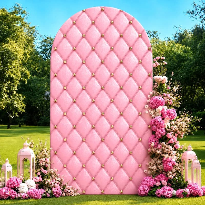 Copertura per fondale ad arco trapuntata rosa di lusso con borchie dorate, copertura elastica Chiara per parete, per matrimoni, compleanni, baby shower e cabine fotografiche